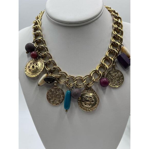 Carol Dauplaise Signed Vintage Double Gold-tone Link Disc Bead Charm Necklace - Picture 2 of 13